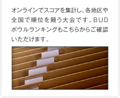 オンラインでスコアを集計し、各地区や全国で順位を競う大会です。BUDボウルランキングもこちらからご確認いただけます。